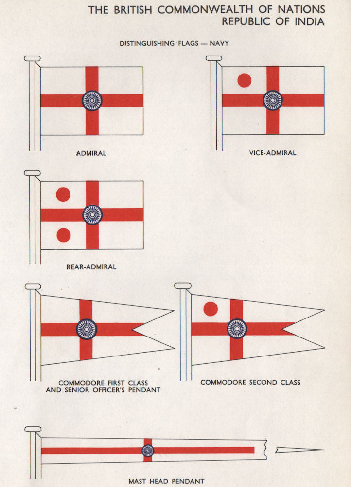 INDIA NAVY FLAGS. Vice/Rear-Admiral. Commodore. Mast Head Pendant 1958 print